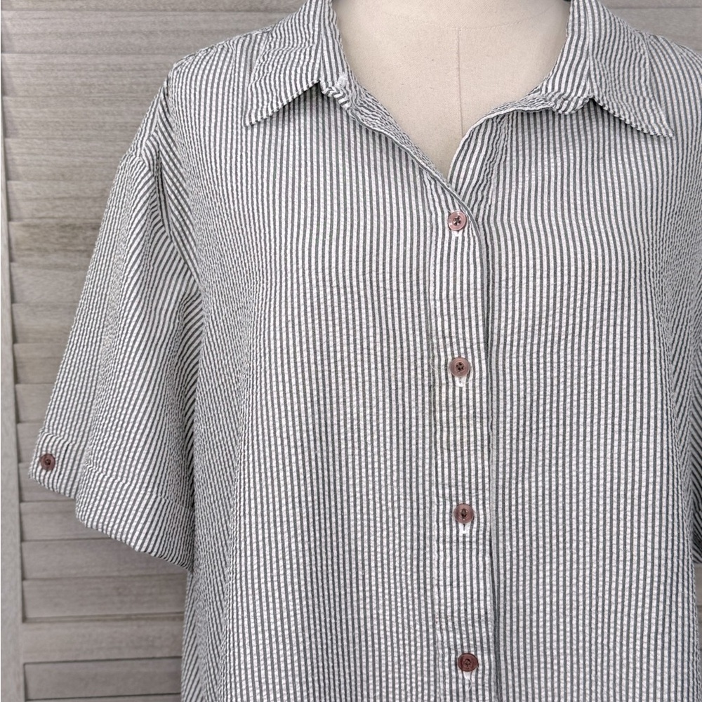 BOCA BAY Vintage Short Sleeve Button Down Shirt Black/White Stripe-1X - Picture 2 of 5